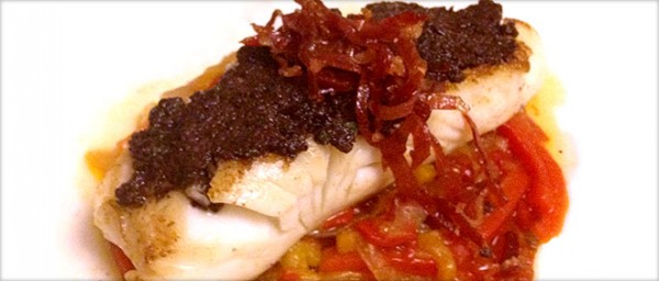 Virginia Monaco Hake a la Plancha with Empeltre Olive Spread and Piperade
