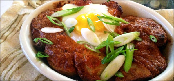 Recipe: Baked Eggs with Roasted Potatoes, Chorizo and Romesco